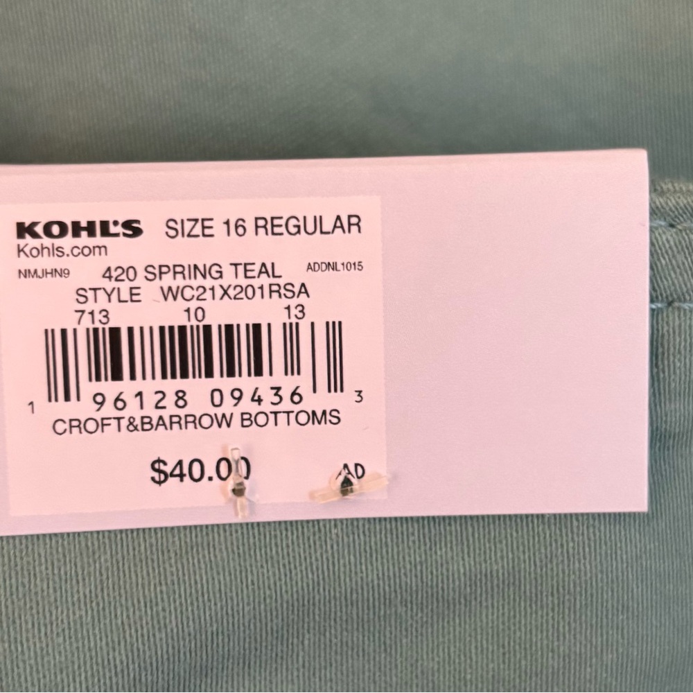 Croft & Barrow Straight Mid Rise Pants 16 Regular Color Spring Teal - Picture 3 of 10